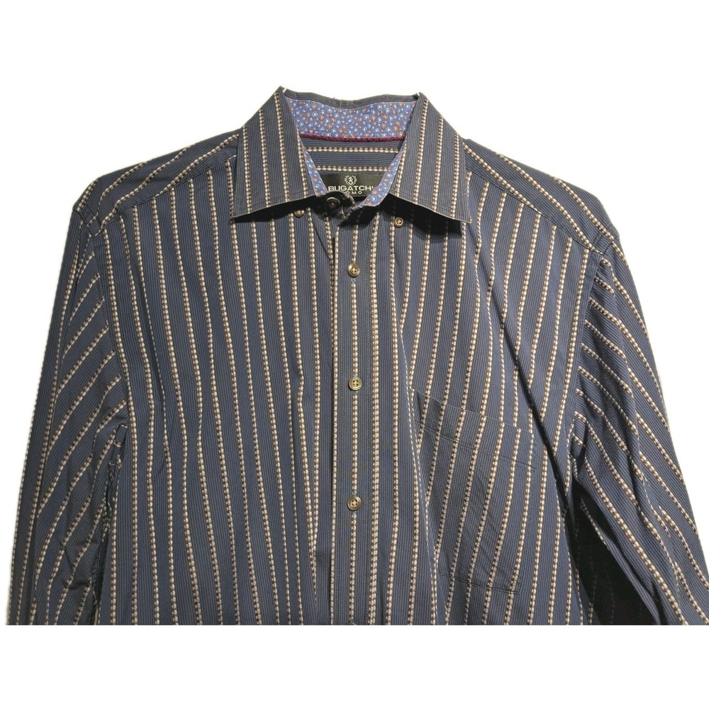 Bugatchi Uomo Shirt Mens L Stripe 100% Cotton Long Sleeve Button Down Flip Cuff